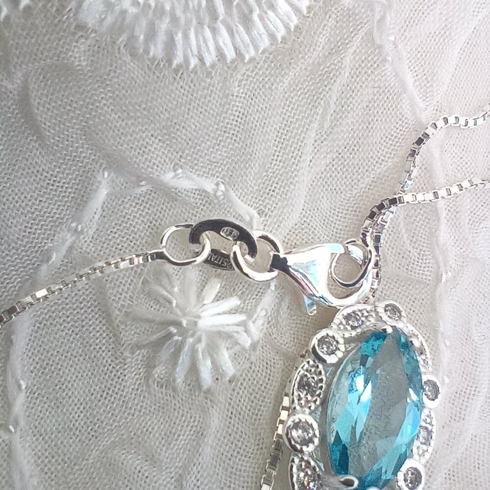Blue Topaz Cubic Zirconia JC 925 Sterling Silver Necklace 18" Box Included ~ NIB - Picture 6 of 9